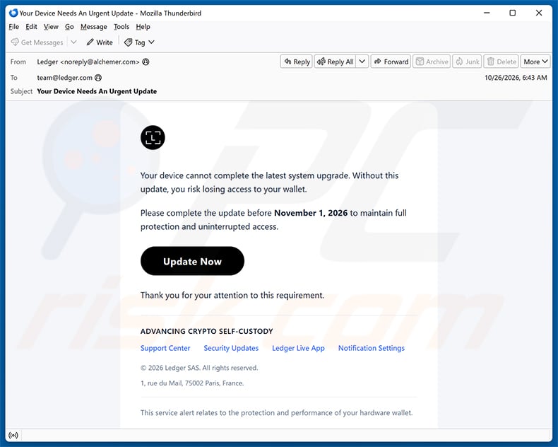 Ledger Device Cannot Complete System Upgrade email spam campaign