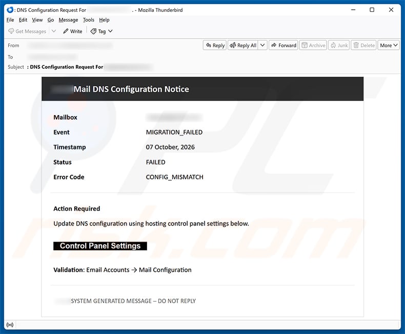 Mail DNS Configuration Notice Email Scam email spam campaign