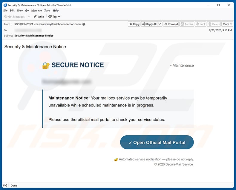 Mailbox Service Maintenance Email Scam email spam campaign