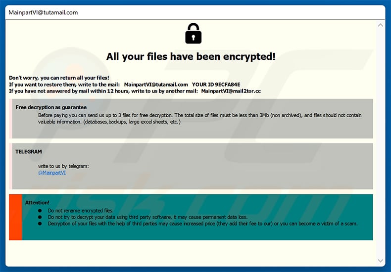 MAIN ransomware pop-up ransom note