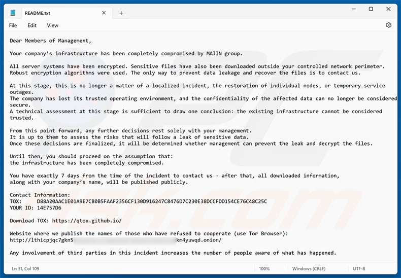 MAJIN ransomware ransom note (README.txt)