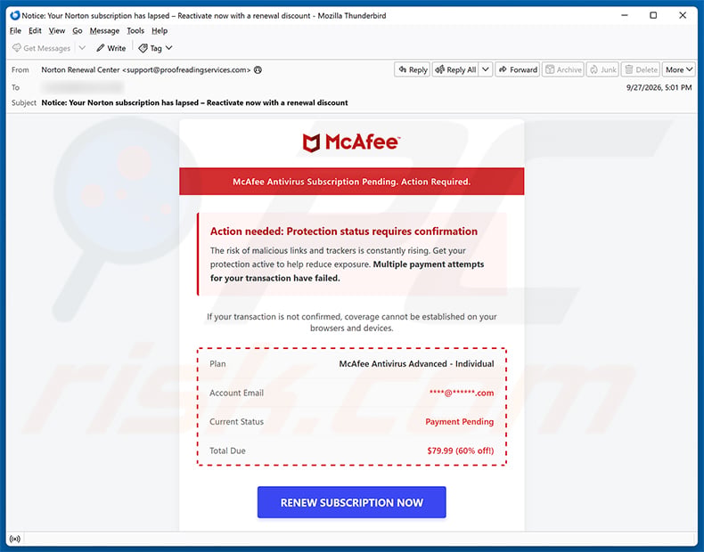McAfee Antivirus Subscription Pending email spam campaign