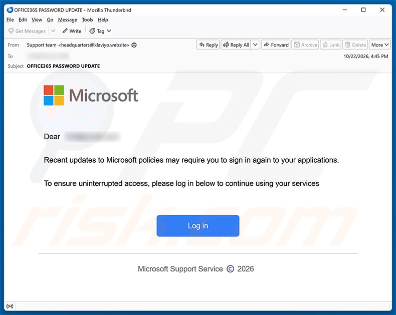 Microsoft Policies Update Email Scam email spam campaign
