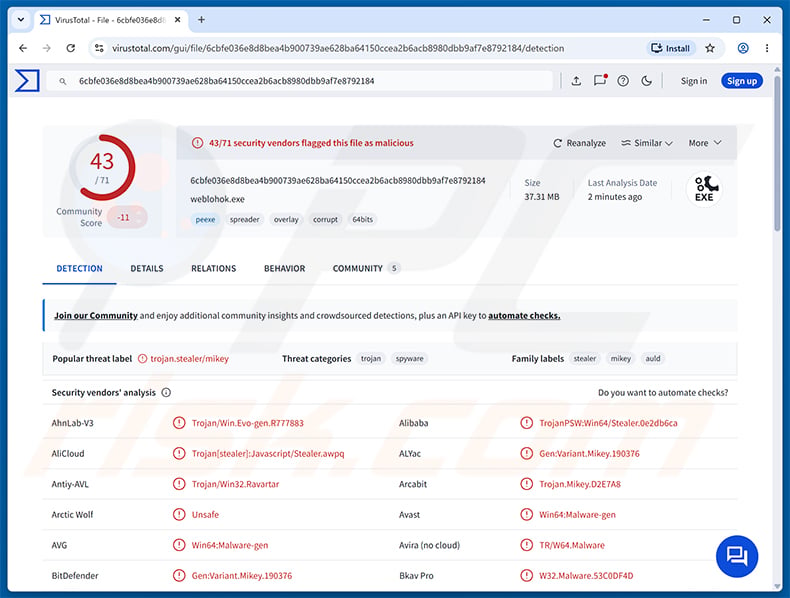 Nyxar Stealer malware detections on VirusTotal