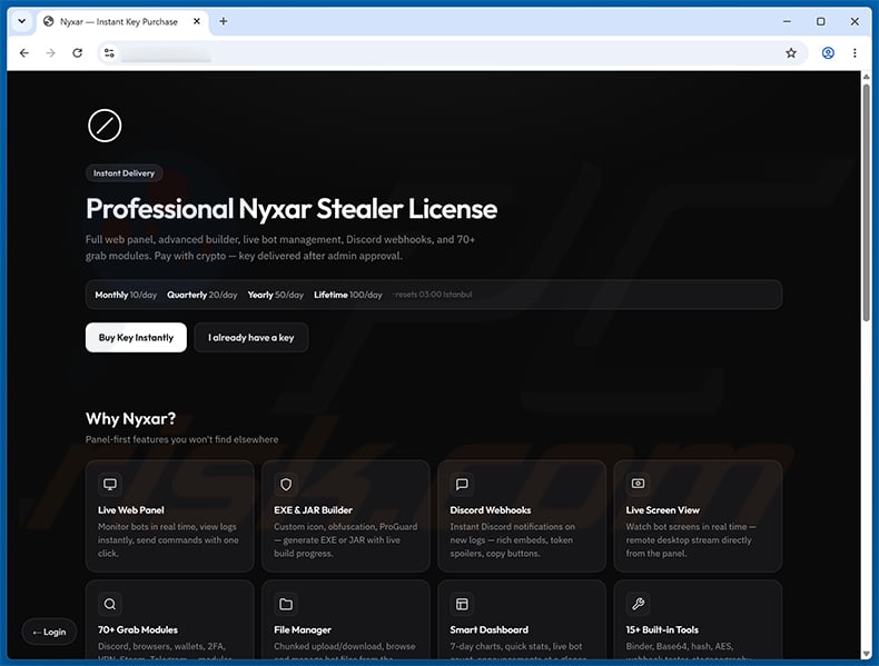 Website promoting Nyxar Stealer