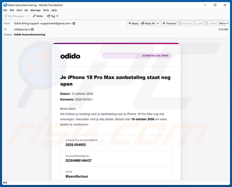 Odido - Down Payment For Phone Email Scam email spam campaign