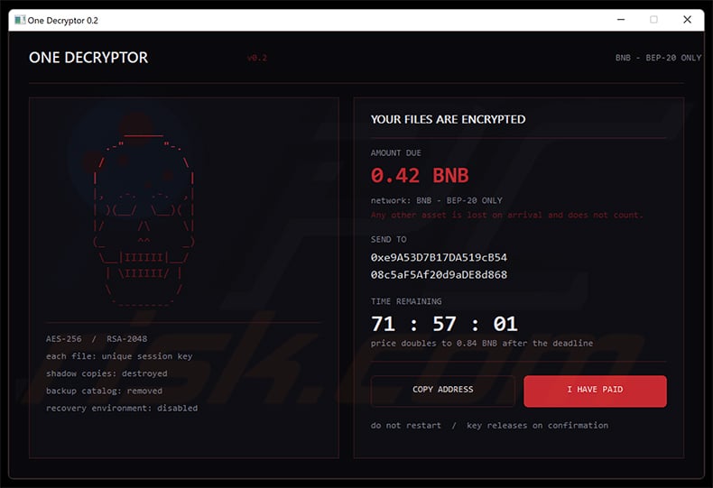 One Decryptor ransomware pop-up window