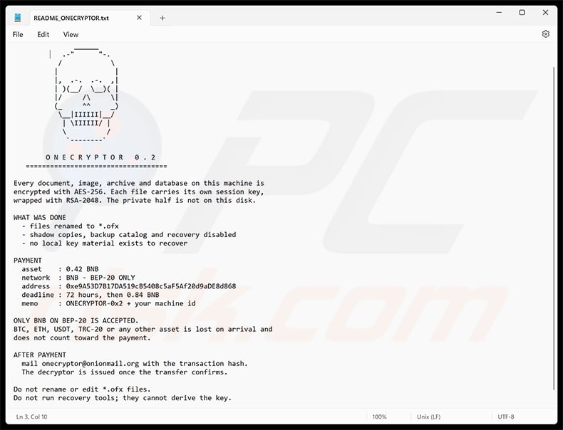 One Decryptor ransomware ransom note (README_ONECRYPTOR.txt)