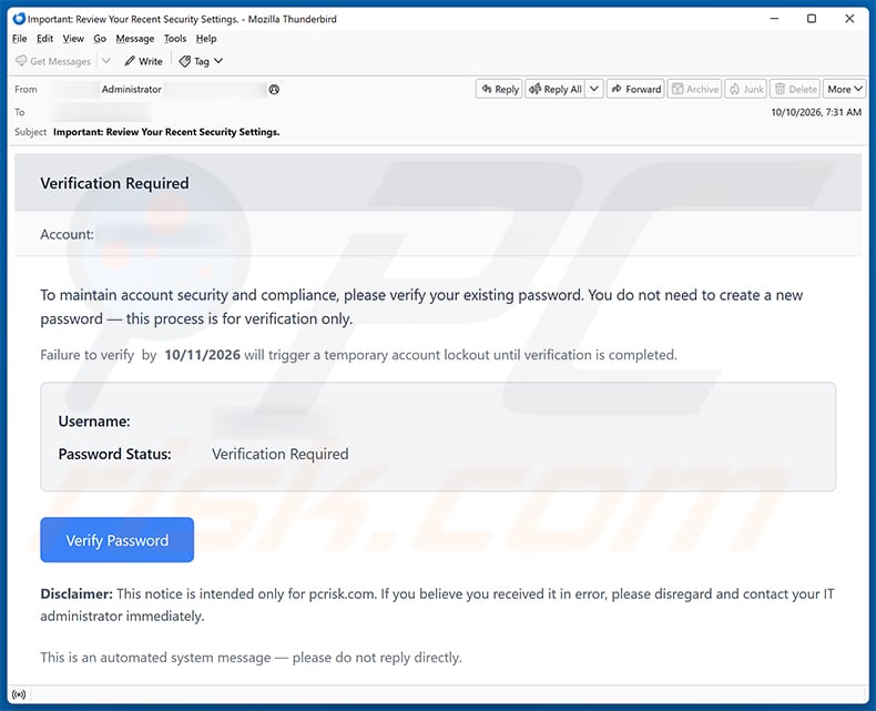 Password Verification Email Scam (2026-10-12)