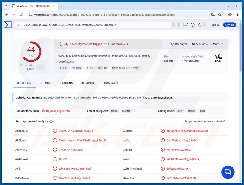 Penumbra Stealer malware detections on VirusTotal