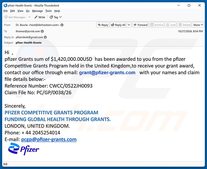 Pfizer Competitive Grants Program email spam campaign