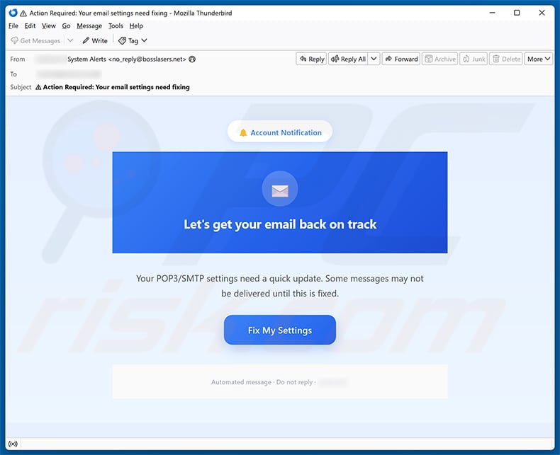 POP3/SMTP Settings Update Email Scam email spam campaign