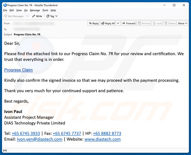 Progress Claim For Review And Certification email spam campaign