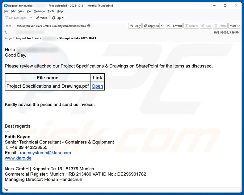 Project Specifications & Drawings Review Email Scam email spam campaign