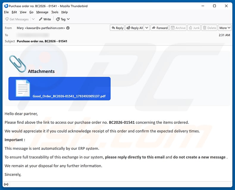 Purchase Order (PO) Confirmation Email Scam (2026-10-21)