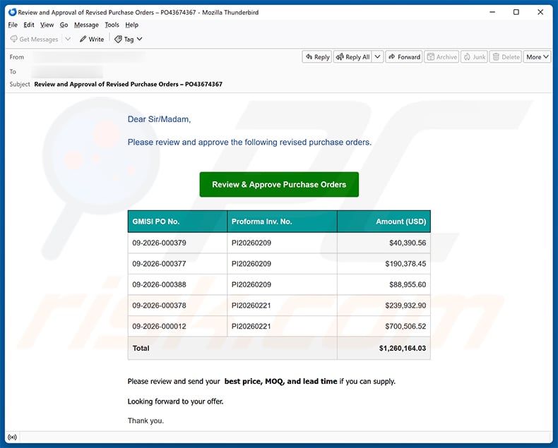 Purchase Order Review Request Email Scam (2026-10-13)