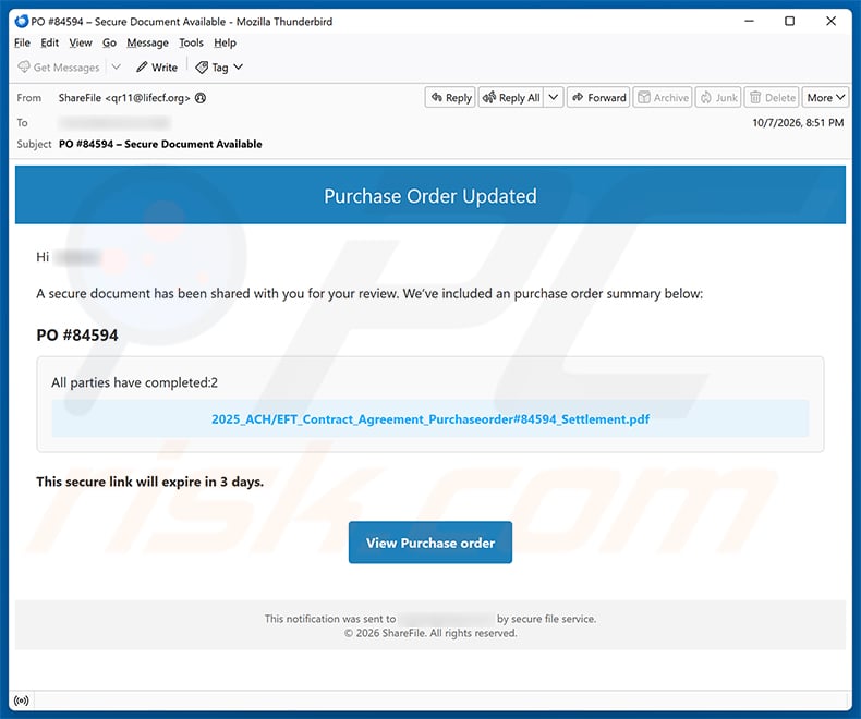 Purchase Order Updated Email Scam email spam campaign
