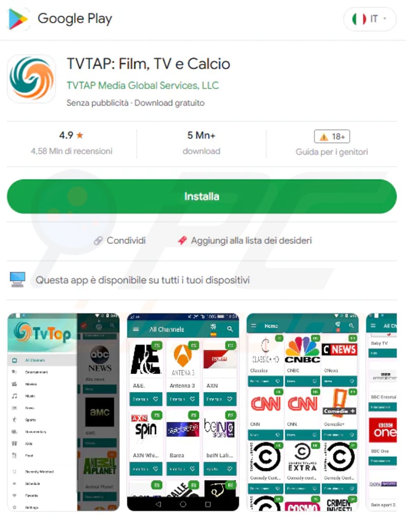 Fake Google Play Store page impersonating TVTap used to distribute RemControl banking trojan
