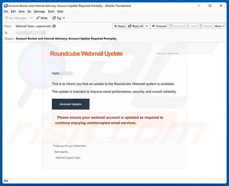 Roundcube Webmail Update Email Scam email spam campaign