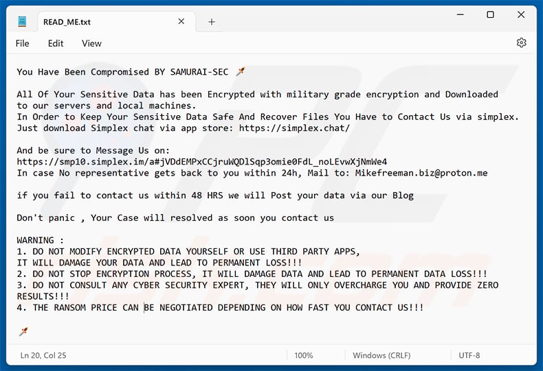 SAMURAI-SEC ransomware ransom note (READ_ME.txt)
