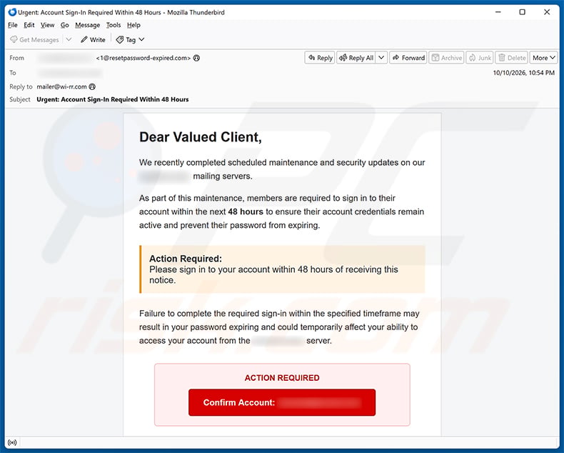 Server Maintenance And Security Updates Email Scam email spam campaign