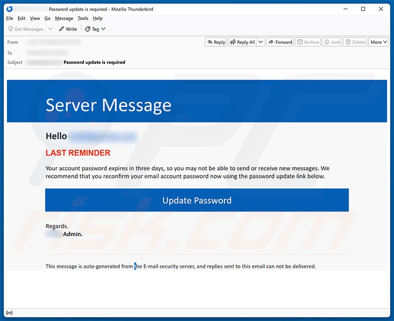 Server Message - Your Password Expires email spam campaign