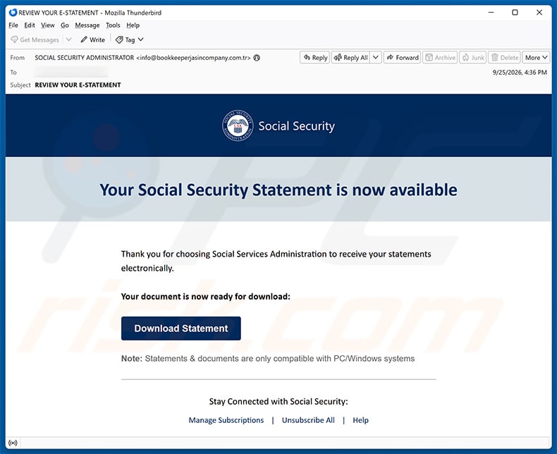 Social Security Administration eStatement Is Available Email Virus (2026-10-09)