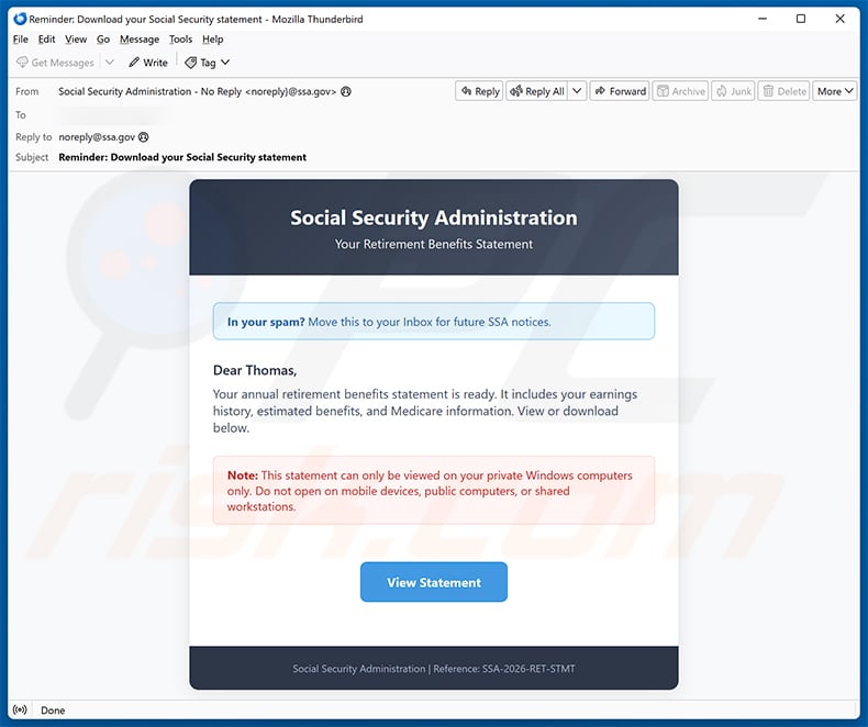 Social Security Administration eStatement Is Available Email Virus (2026-10-15)