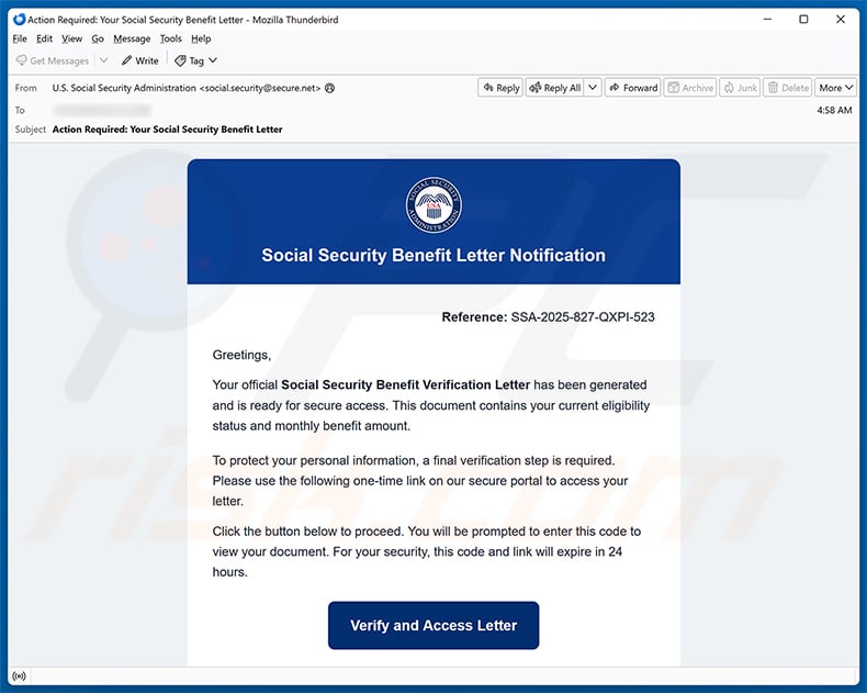 Social Security Benefit Verification Letter email spam campaign