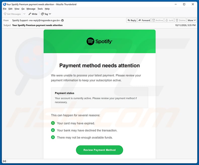 Spotify - Invalid Payment Method Email Scam (2026-10-14)
