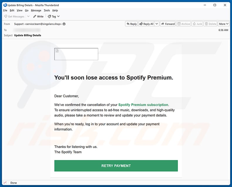 Spotify - Update Payment Details Email Scam email spam campaign