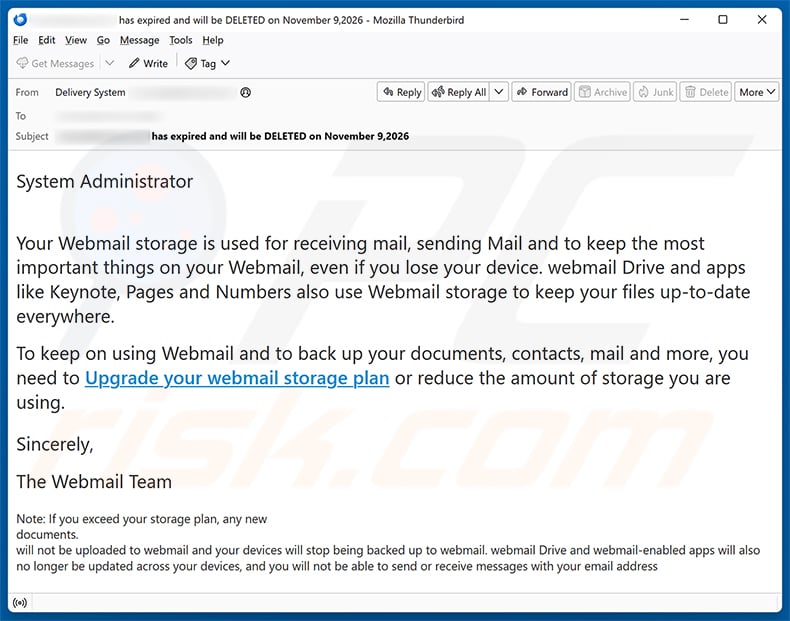 Upgrade Your Webmail Storage Plan Email Scam email spam campaign