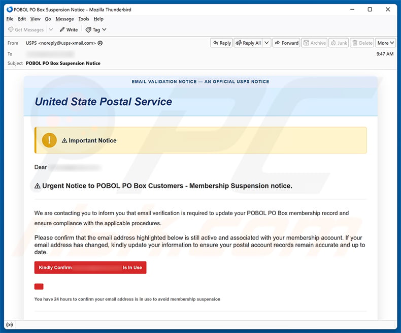 USPS POBOL Membership Suspension Notice Email Scam email spam campaign