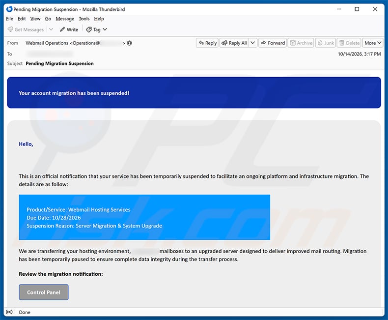 Webmail Account Migration Has Been Suspended Email Scam email spam campaign