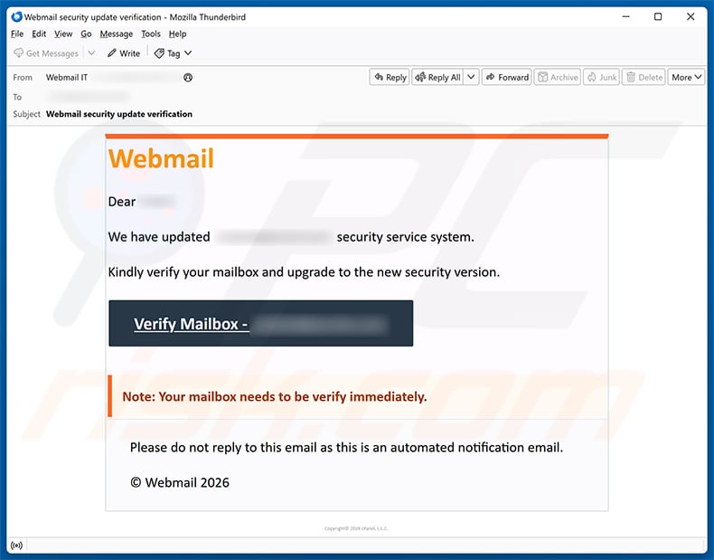 Webmail Security Service System Update Email Scam email spam campaign