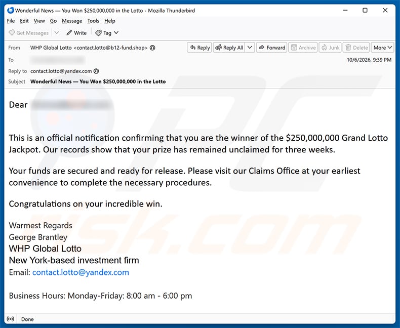 You Are The Winner Of Grand Lotto Jackpot email spam campaign