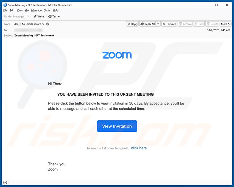 Zoom Meeting Invitation Email Virus email spam campaign