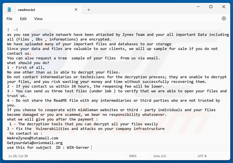 Zynex ransomware ransom note (readme.txt)