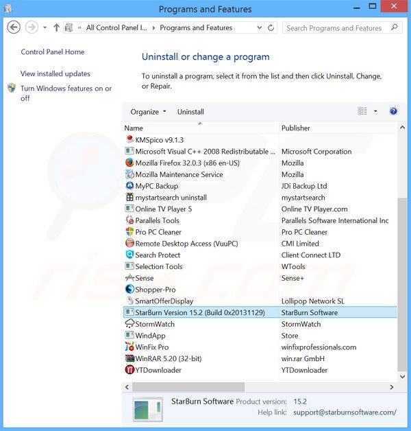 Searching.starburnsoftware.com browser hijacker uninstall via Control Panel