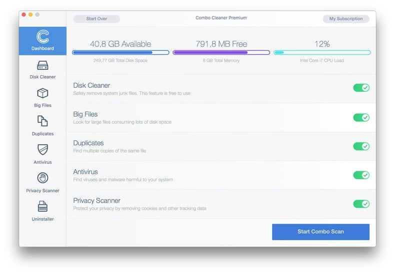 combo cleaner dashboard