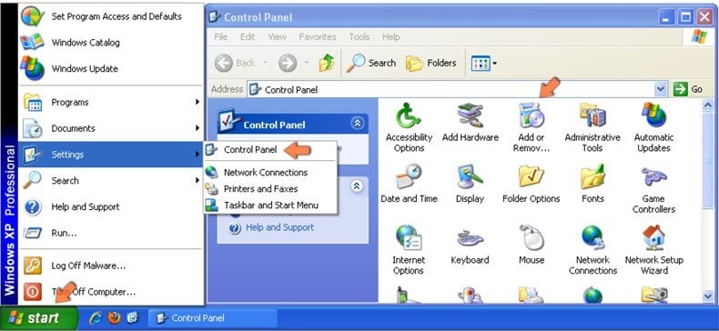 Accessing Add or Remove Programs in Windows XP