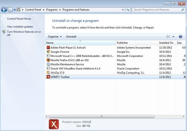 xfinity toolbar uninstall