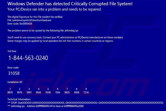 Windows Defender Has Detected Critically Corrupted File System! Scam