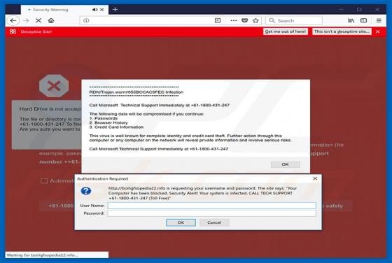 RDN/Trojan.worm!055BCCAC9FEC Infection POP-UP Scam