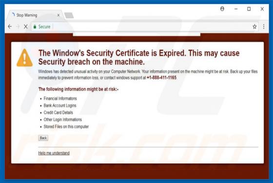 Window's Security Certificate Is Expired POP-UP Scam