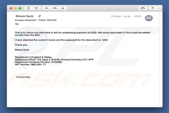 Invoice Attached - FINAL NOTICE Email Virus