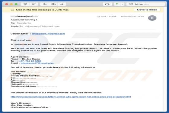 Sony Afri Mandela Sharing Happiness Award Email Scam