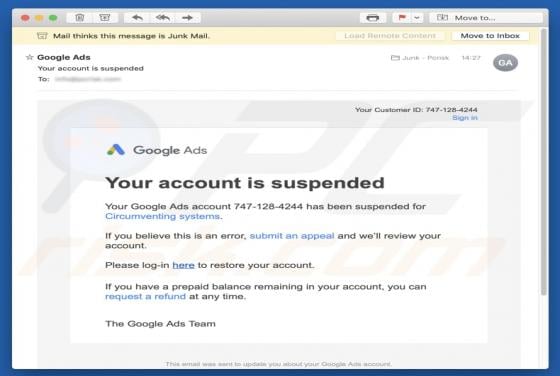 Google Ads - Your Account Is Suspended Email Scam