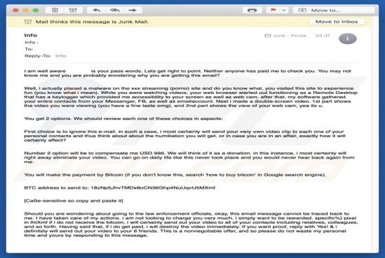 Placed A Malware On The Xxx Streaming Site Email Scam