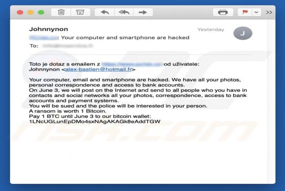 Your Computer, Email And Smartphone Are Hacked Email Scam